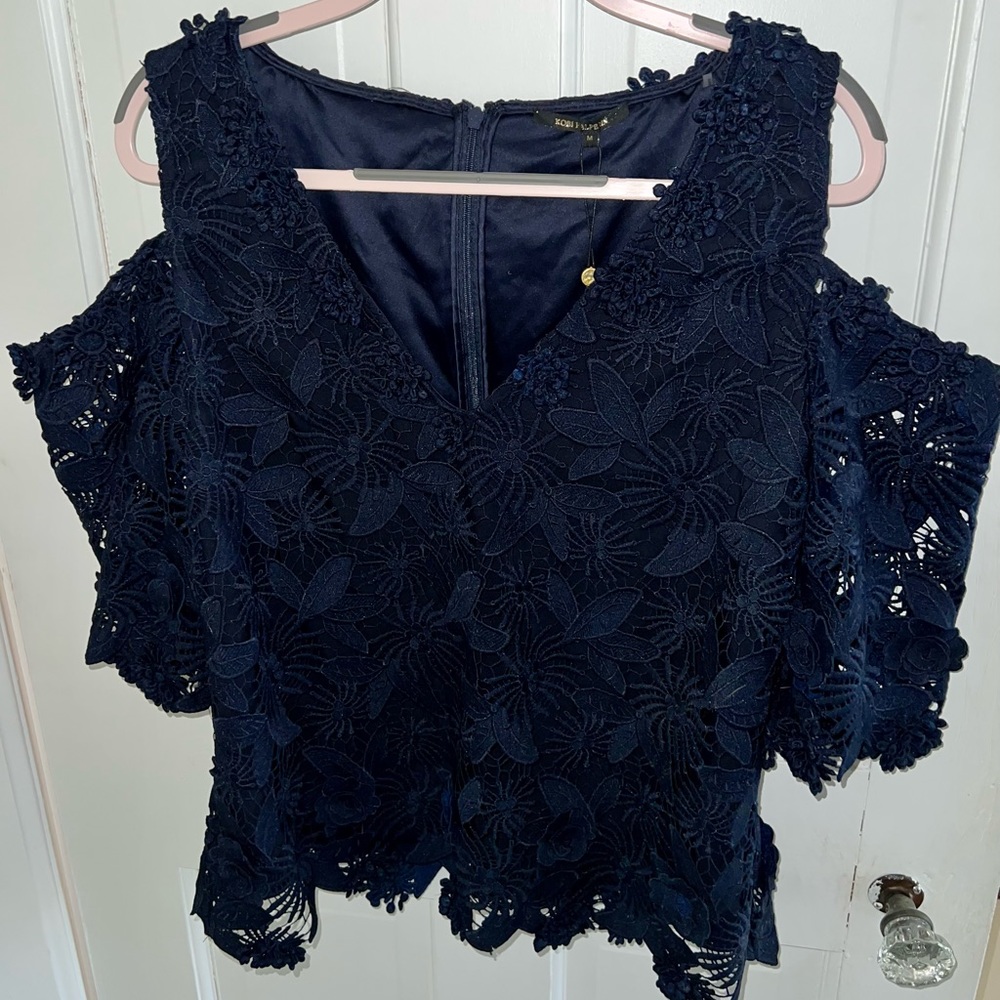 Kobi Helperin Tinley Cold-Shoulder Lace Blouse - Medium - Midnight Blue - NWT